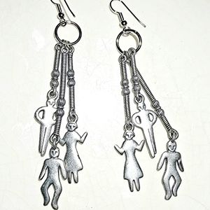Silver pewter dancing human figurines fish hook dangle earrings